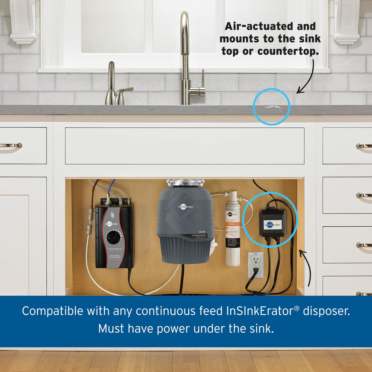 InSinkErator air-activated switch enables easy, hygienic operation in busy kitchens.
