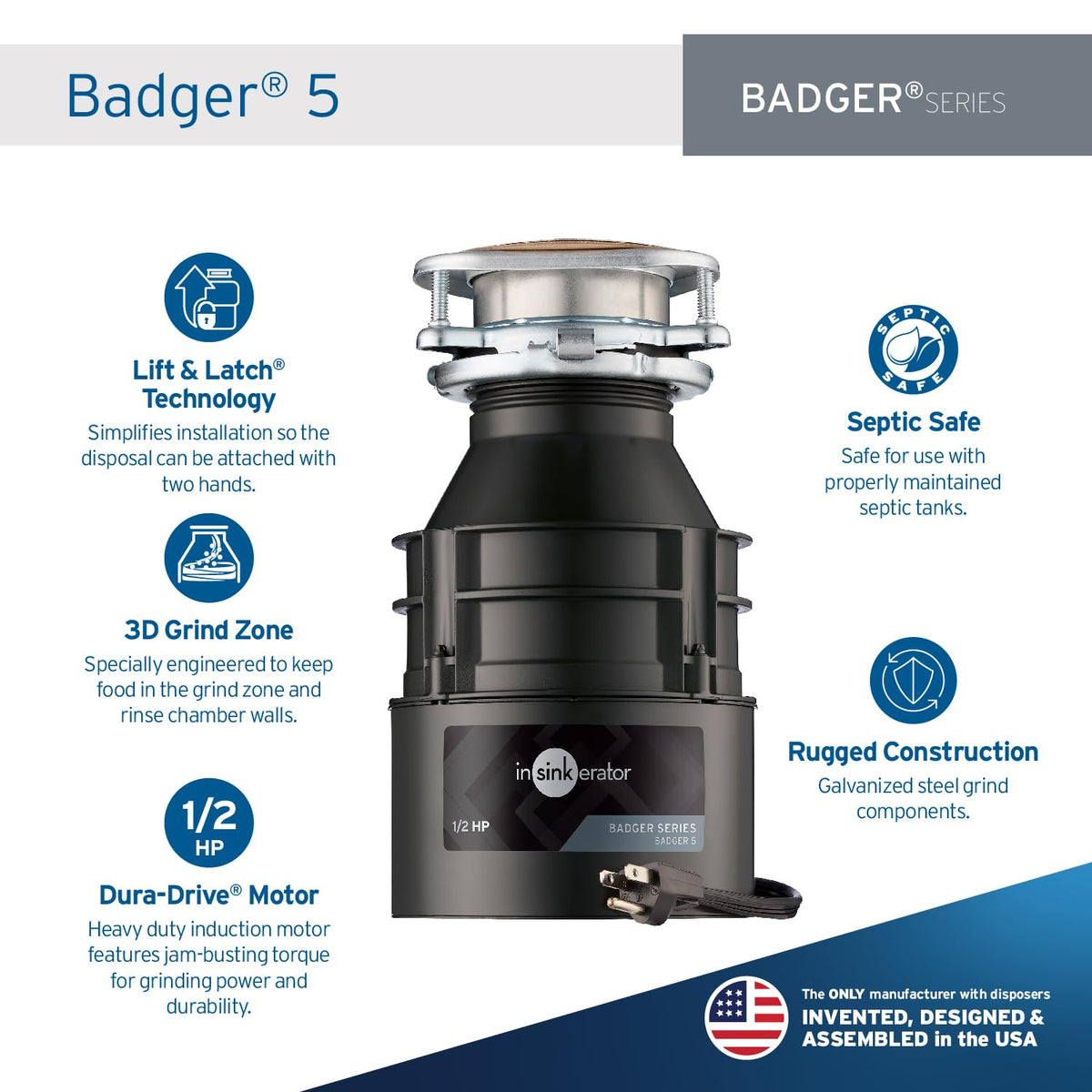 InSinkErator Badger 5 with power cord enables plug-and-play setup.
