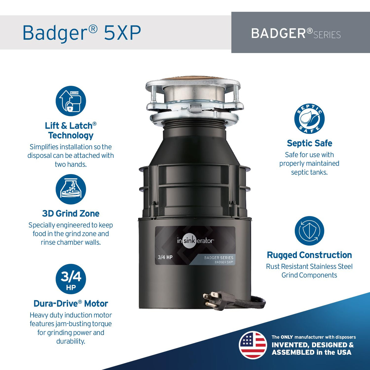 InSinkErator Badger 5XP 3/4 HP Dura-Drive motor delivering reliable grinding