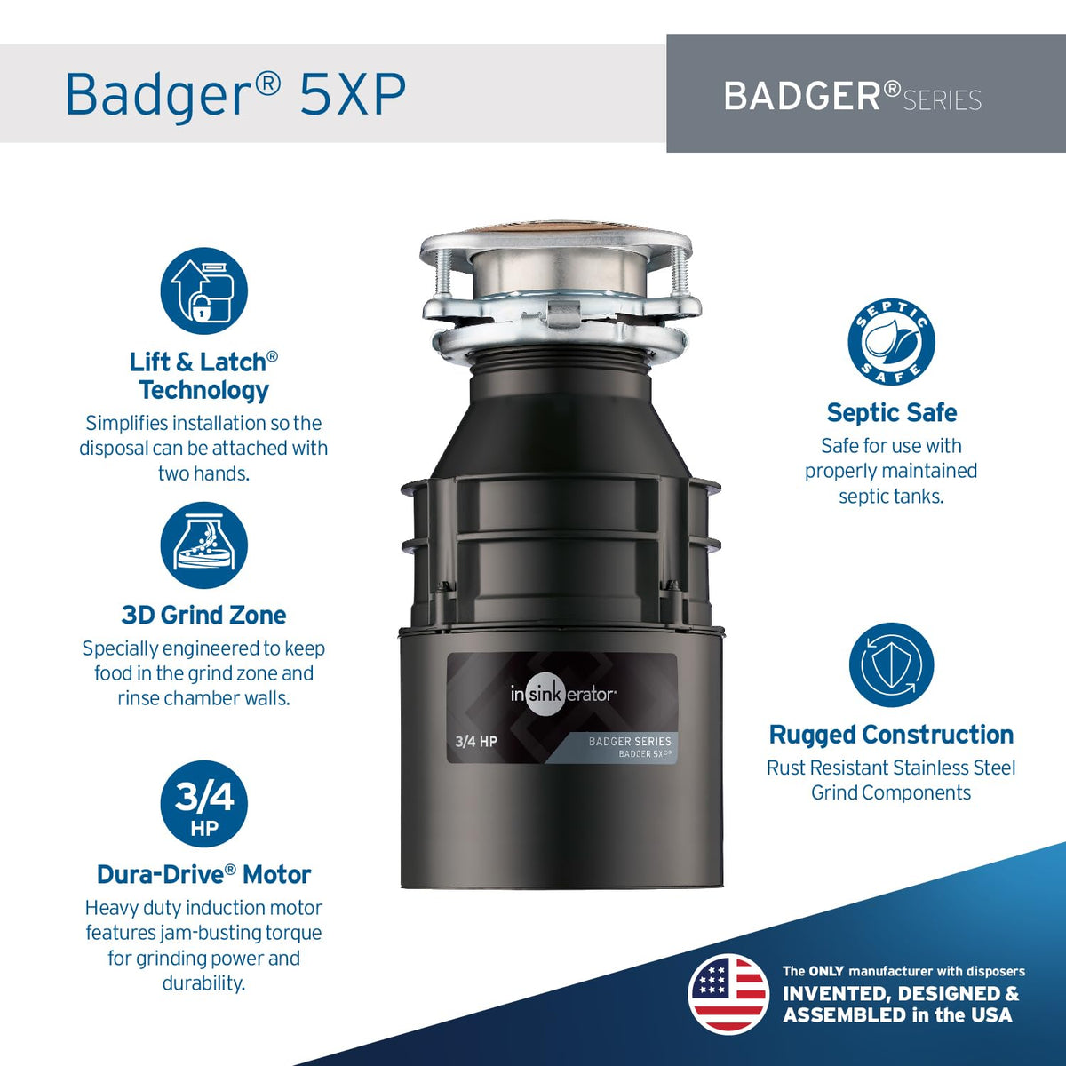 InSinkErator Badger 5XP with Dura-Drive motor delivers reliable grinding for daily kitchen scraps.