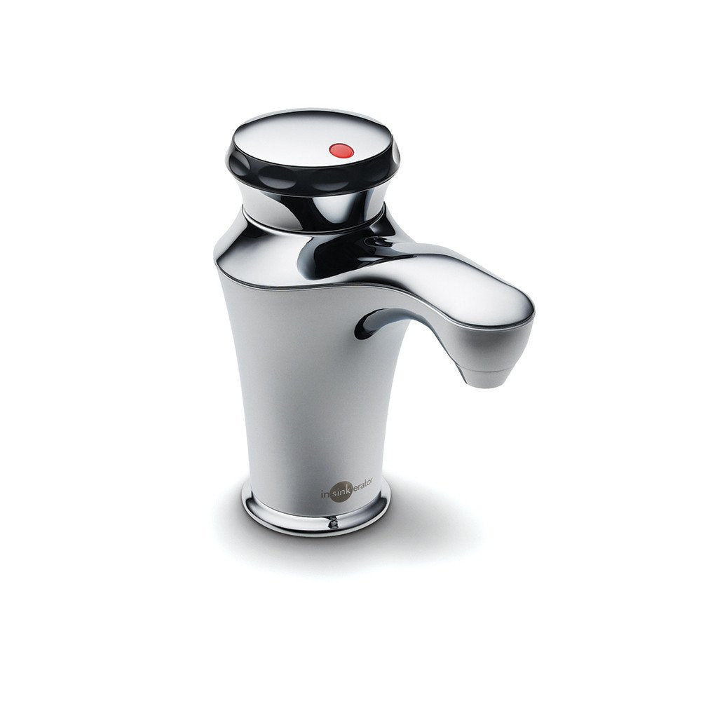 InSinkErator contour side faucet chrome highlights easy reach at sink.