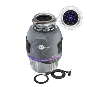 InSinkErator Evolution 1.0HP LED disposer front view, compact stainless unit for small kitchens.