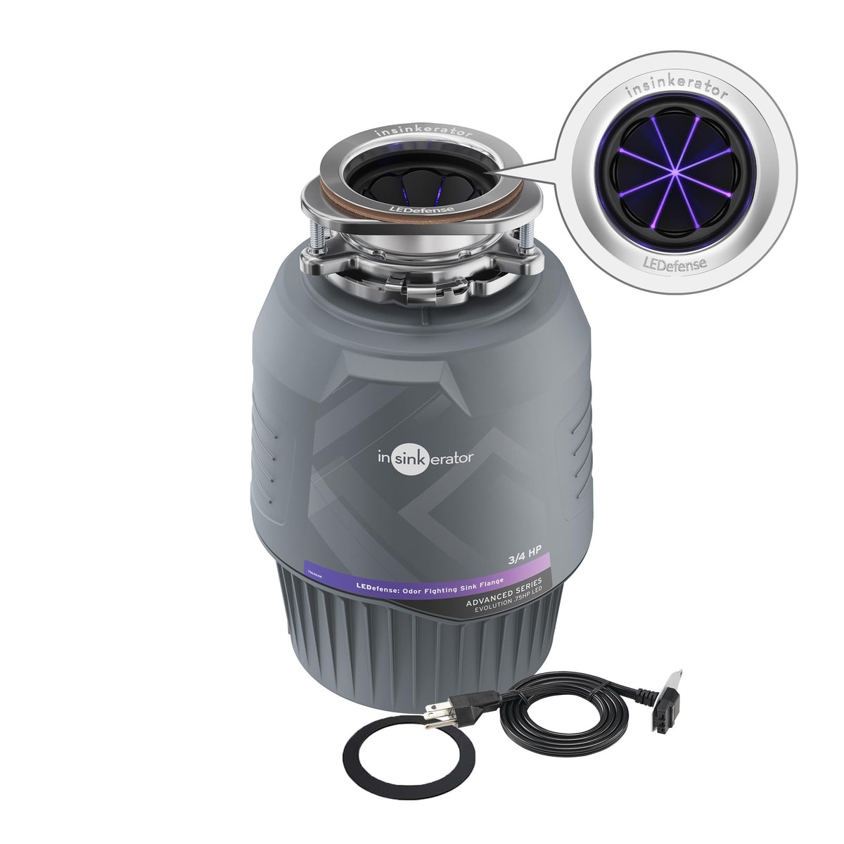 InSinkErator Evolution LED defense flange with antimicrobial LED helps reduce odors.