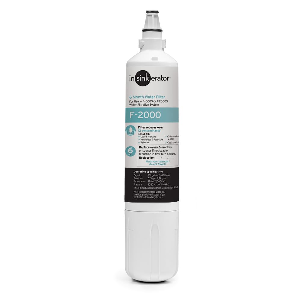 InSinkErator F-2000 replacement filter cartridge reduces contaminants and improves water taste.