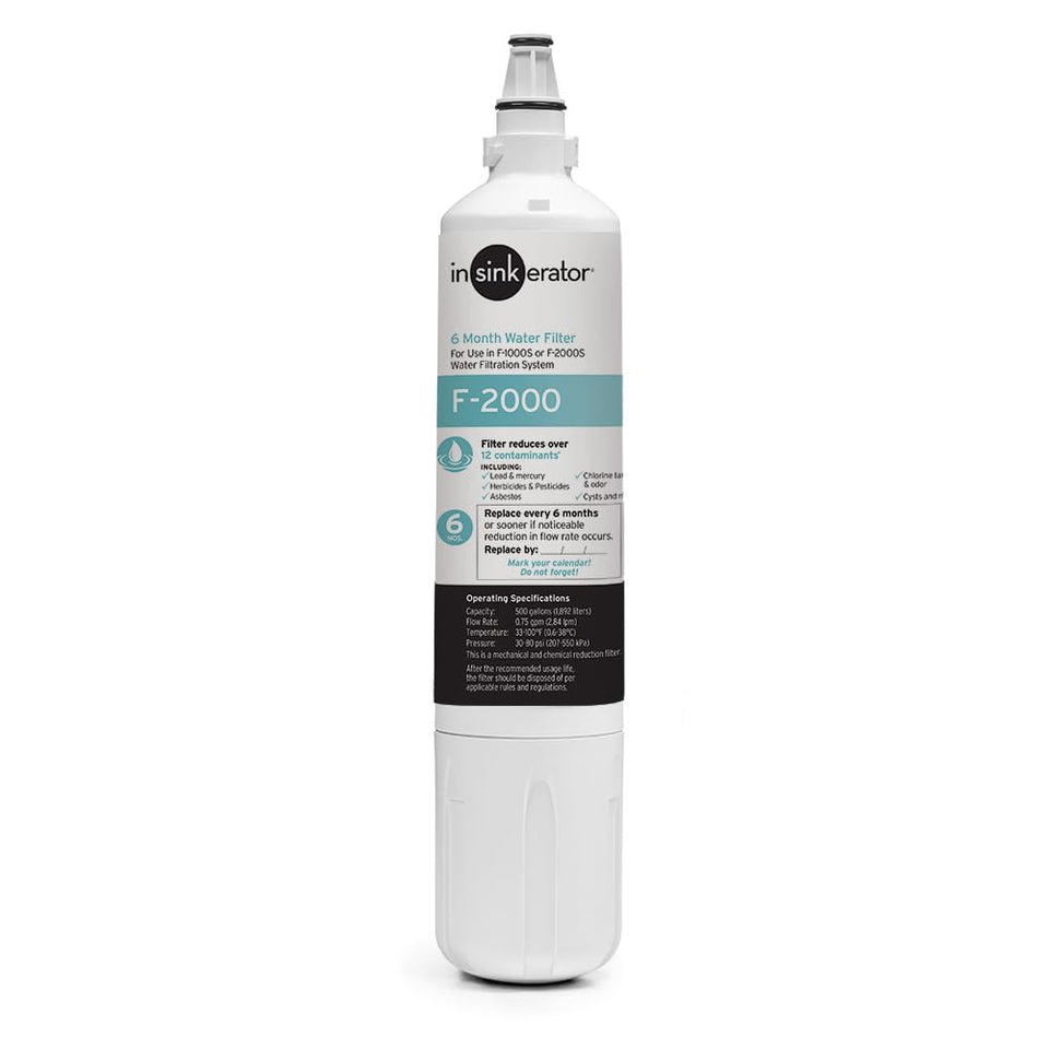 InSinkErator F-2000 replacement filter cartridge reduces contaminants and improves water taste.