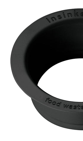 InSinkErator matte black flange installed showcases durable stainless steel for daily use.