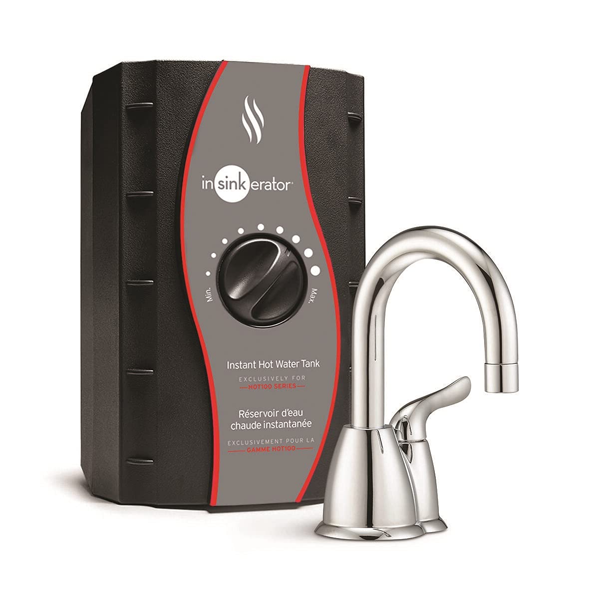 InSinkErator HOT150 chrome faucet close-up, showcasing sleek design and instant hot water.