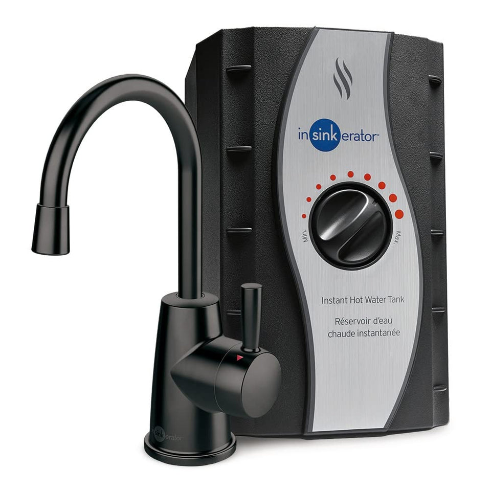 InSinkErator HOT250 matte black faucet front view for compact, stylish kitchen use