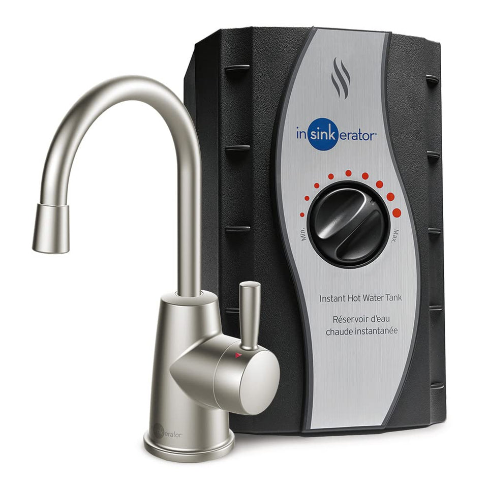 InSinkErator HOT250 faucet with satin nickel finish delivering instant hot water for cooking