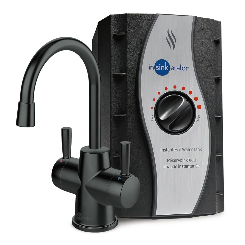 InSinkErator HOT250 matte black faucet assembly at the sink