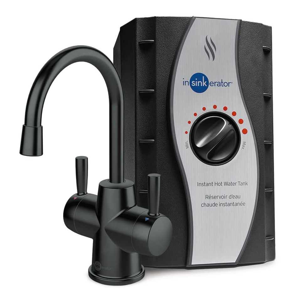 InSinkErator HOT250 matte black faucet assembly at the sink