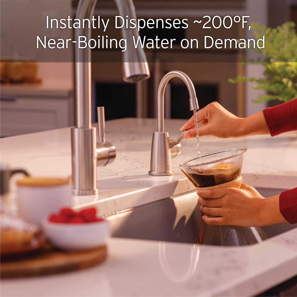 Close-up of HOT250 dispensing near-boiling water for quick meals and beverages