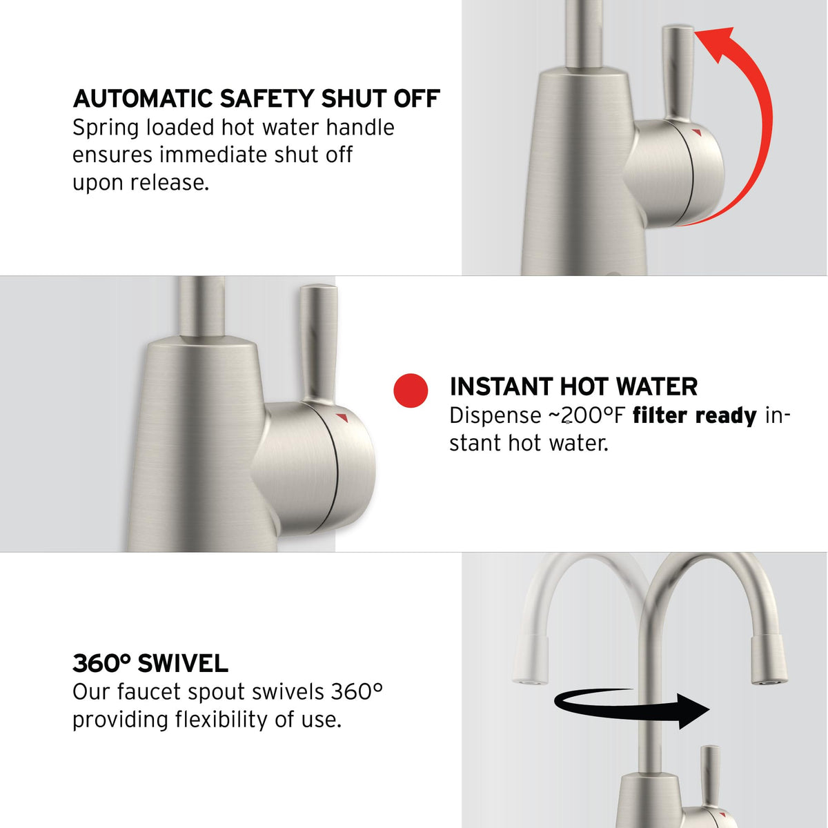 HOT250 pull-forward handle reducing backsplash interference during prep