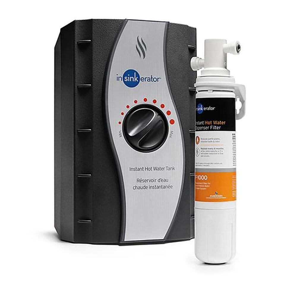 InSinkErator HWT-F1000S tank close-up highlights durable stainless steel construction for near-boiling water