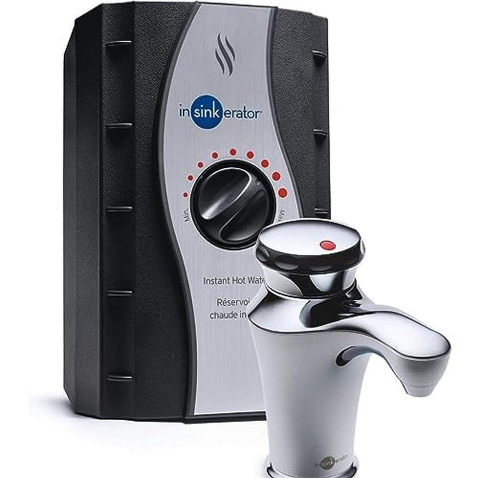 InSinkErator instant hot water dispenser chrome beside the sink for quick beverages.