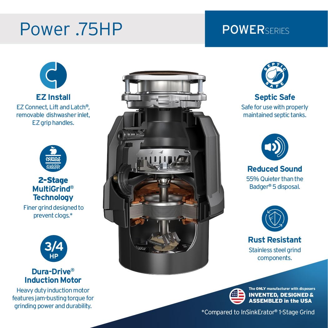 InSinkErator Power .75HP disposal side profile highlights quiet operation in kitchens
