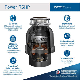 InSinkErator Power .75HP disposal side profile highlights quiet operation in kitchens