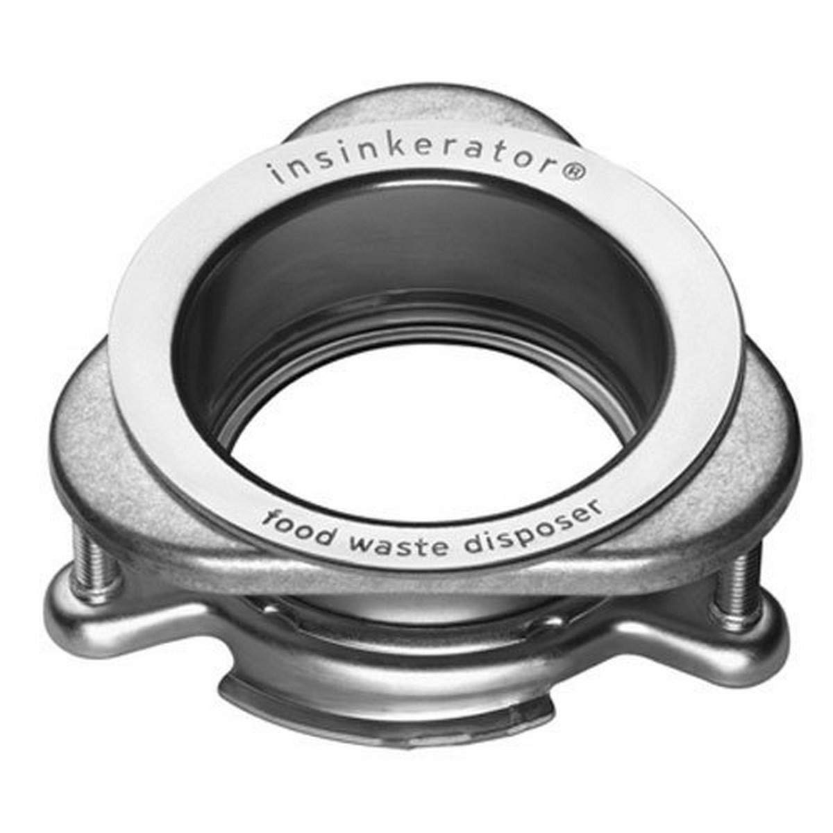 InSinkErator Quick Lock mounting flange in polished stainless steel for fast, secure disposer installation.