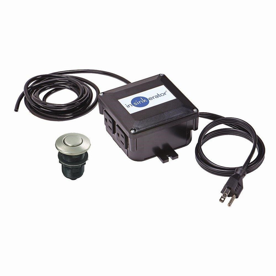 InSinkErator satin nickel sink-top air switch for easy disposal control.