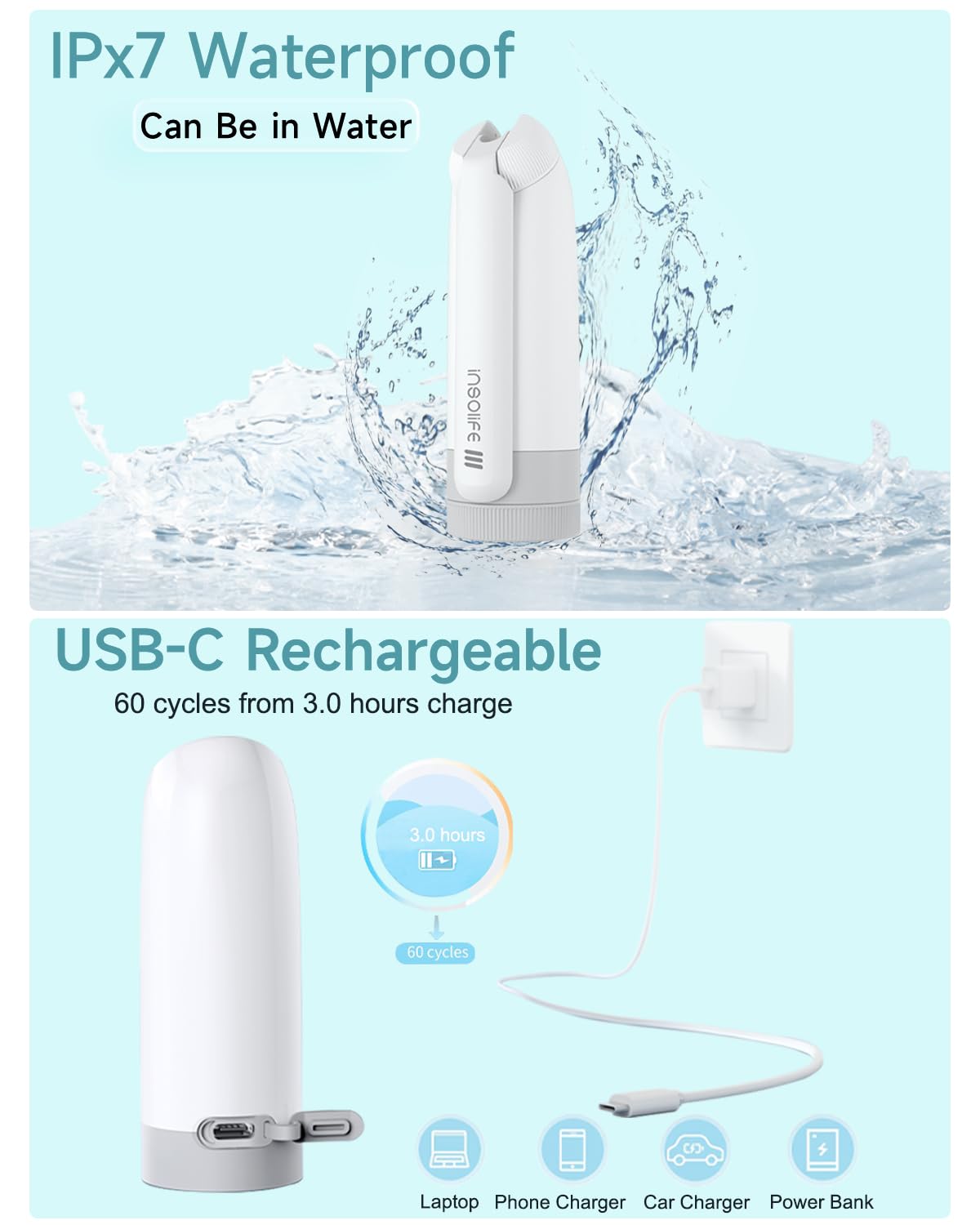 Insolife IPX7 waterproof design for easy cleaning and durability.