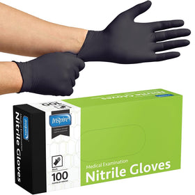 Inspire Black Nitrile Gloves bulk packaging for stocking up supplies.