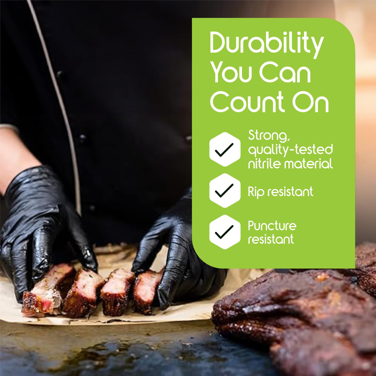 Inspire Black Nitrile Gloves suitable for food prep and janitorial work.