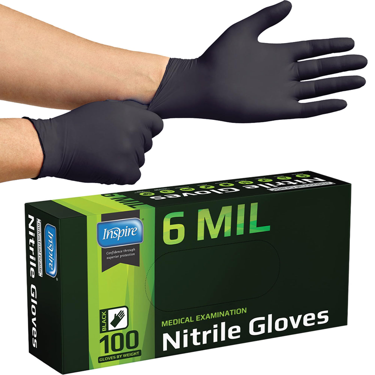 Inspire Black Nitrile Gloves with heavy-duty 6 mil thickness provide durable protection for medical and industrial tasks.