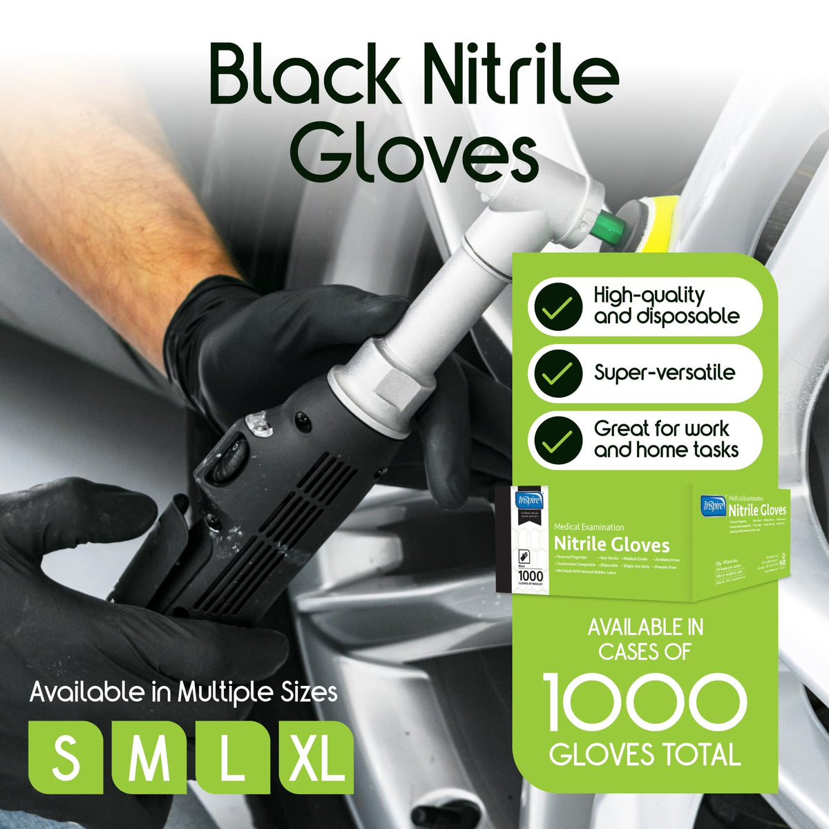 Inspire Black Nitrile Gloves side view highlighting bulk case packaging