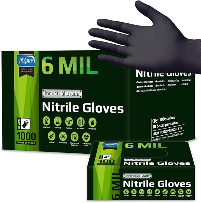 Inspire black nitrile gloves box packaging showing heavy-duty protection.