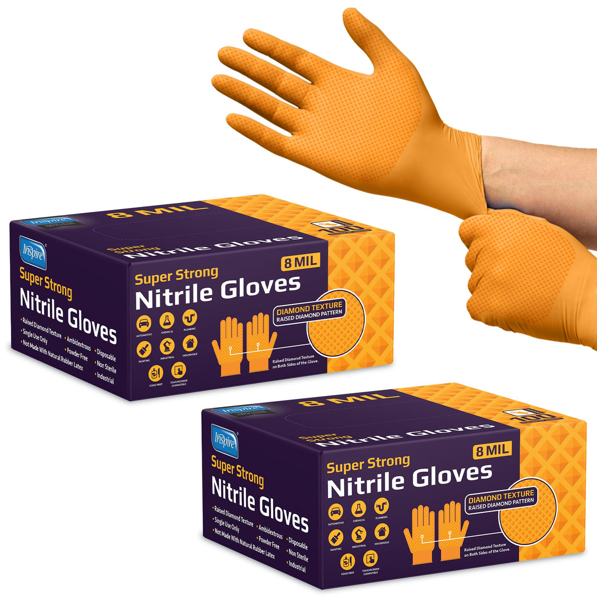 Inspire heavy-duty orange nitrile gloves with diamond texture for a secure grip