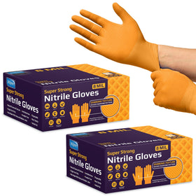 Inspire heavy-duty orange nitrile gloves with 8 mil thickness and textured grip.
