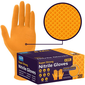 Inspire heavy-duty orange nitrile gloves with diamond texture for secure grip.