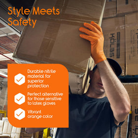 Inspire orange nitrile gloves provide latex-free protection for greasy tasks.