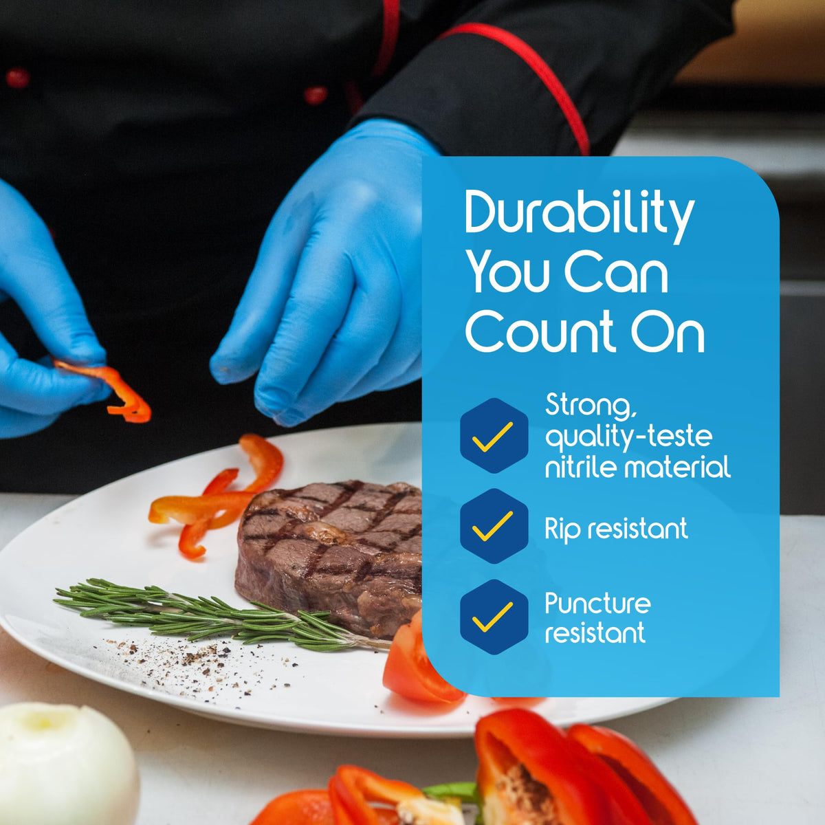 Rip and puncture resistant nitrile gloves support safe handling in fast-paced settings.