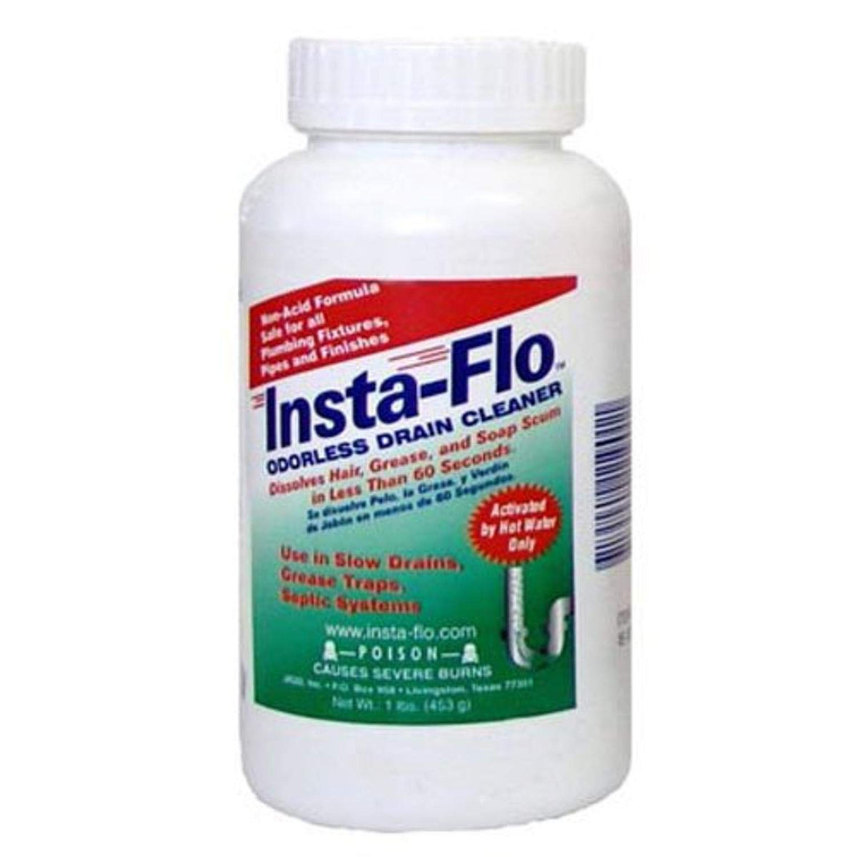 Insta-Flo IS-1 LB Insta Drain Cleaner bottle, compact and durable for easy drain maintenance.