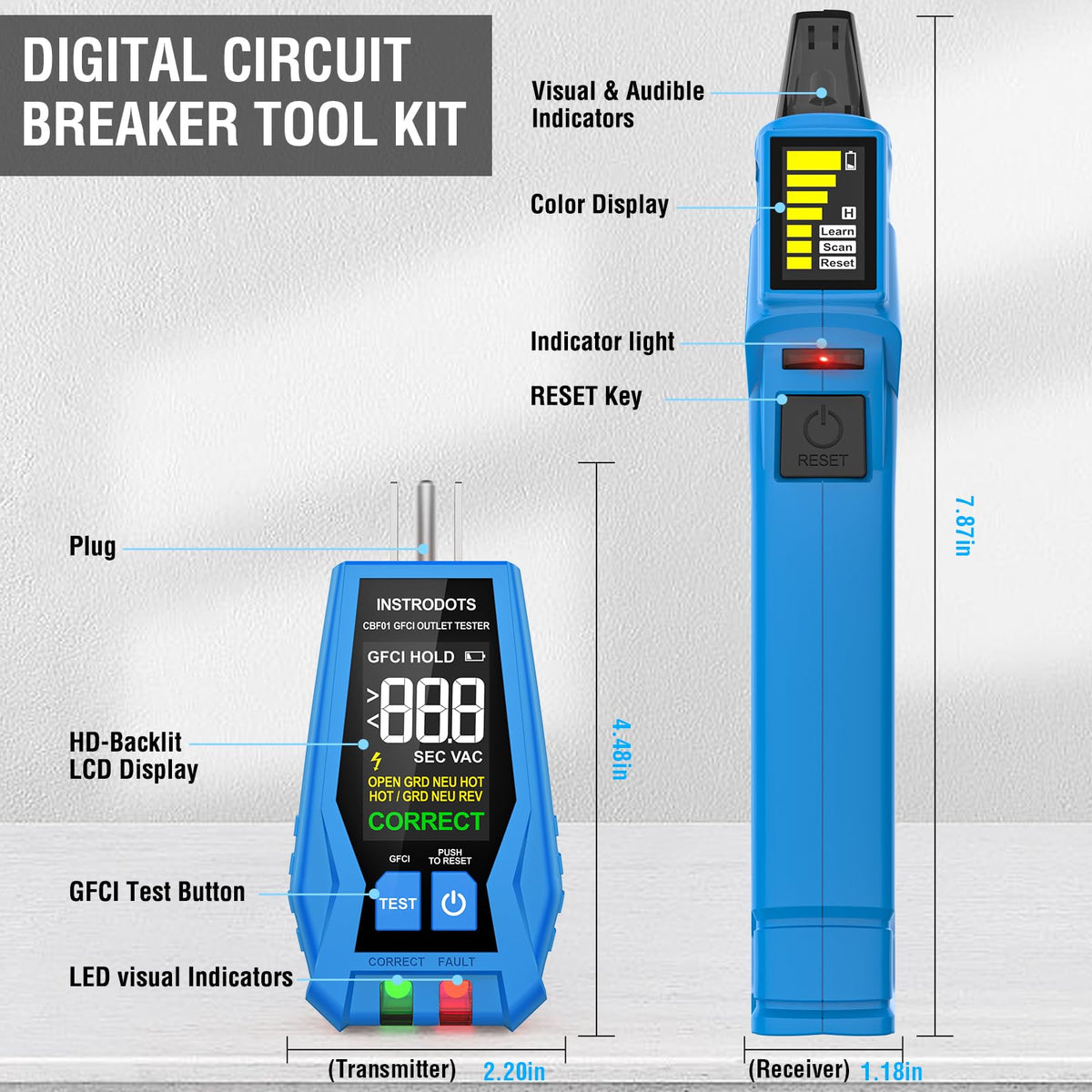 Instrodots CBF01 built in GFCI tester validates outlet trip conditions.