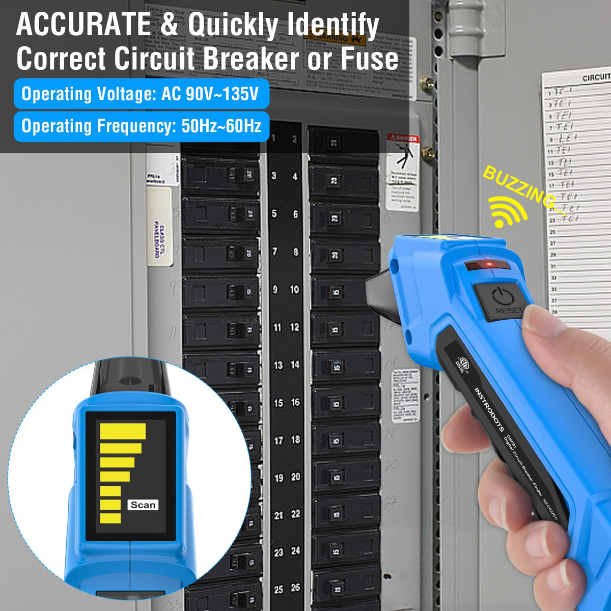 Instrodots CBF01 receiver quickly locates the correct breaker on a panel.
