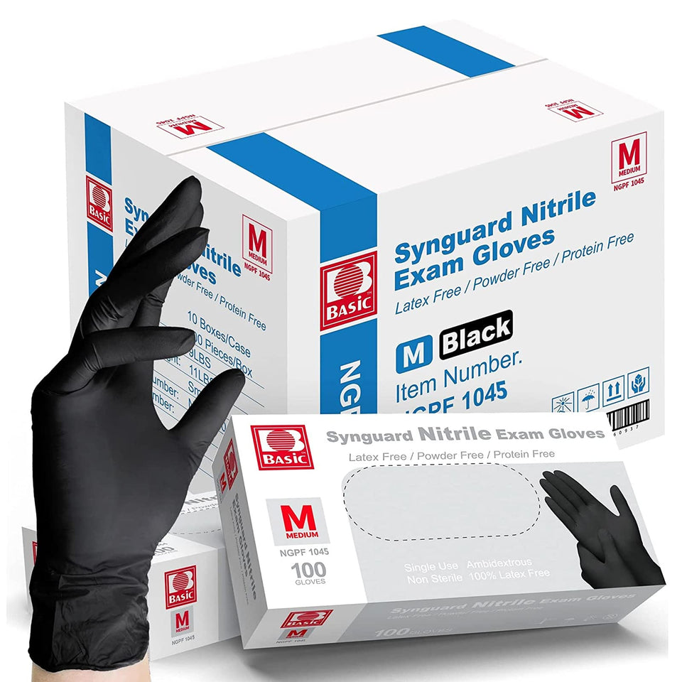 Intco Basic Medical black nitrile gloves box front showing latex-free packaging for easy identification
