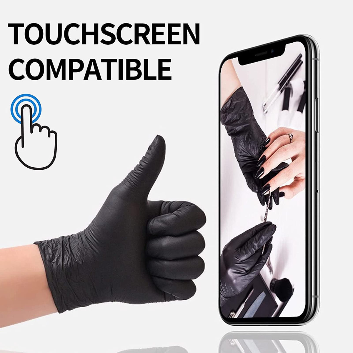 Intco black nitrile glove thumb grip close-up indicating secure handling