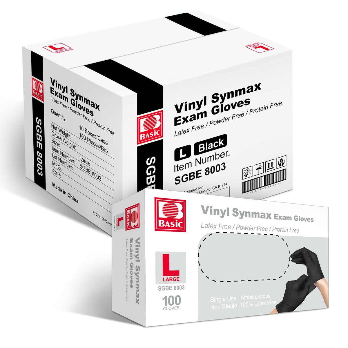 Intco Synmax vinyl exam gloves, black, ambidextrous fit with 4 mil thickness for versatile use.