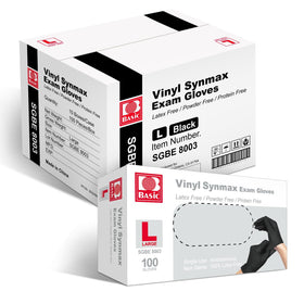 Intco Synmax vinyl exam gloves, black, ambidextrous fit with 4 mil thickness for versatile use.