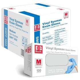 Intco Synmax vinyl exam gloves in blue box for easy restocking
