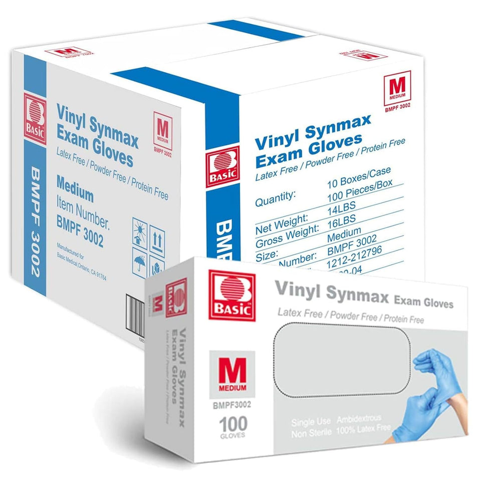 Intco Synmax vinyl exam gloves in blue box for easy restocking