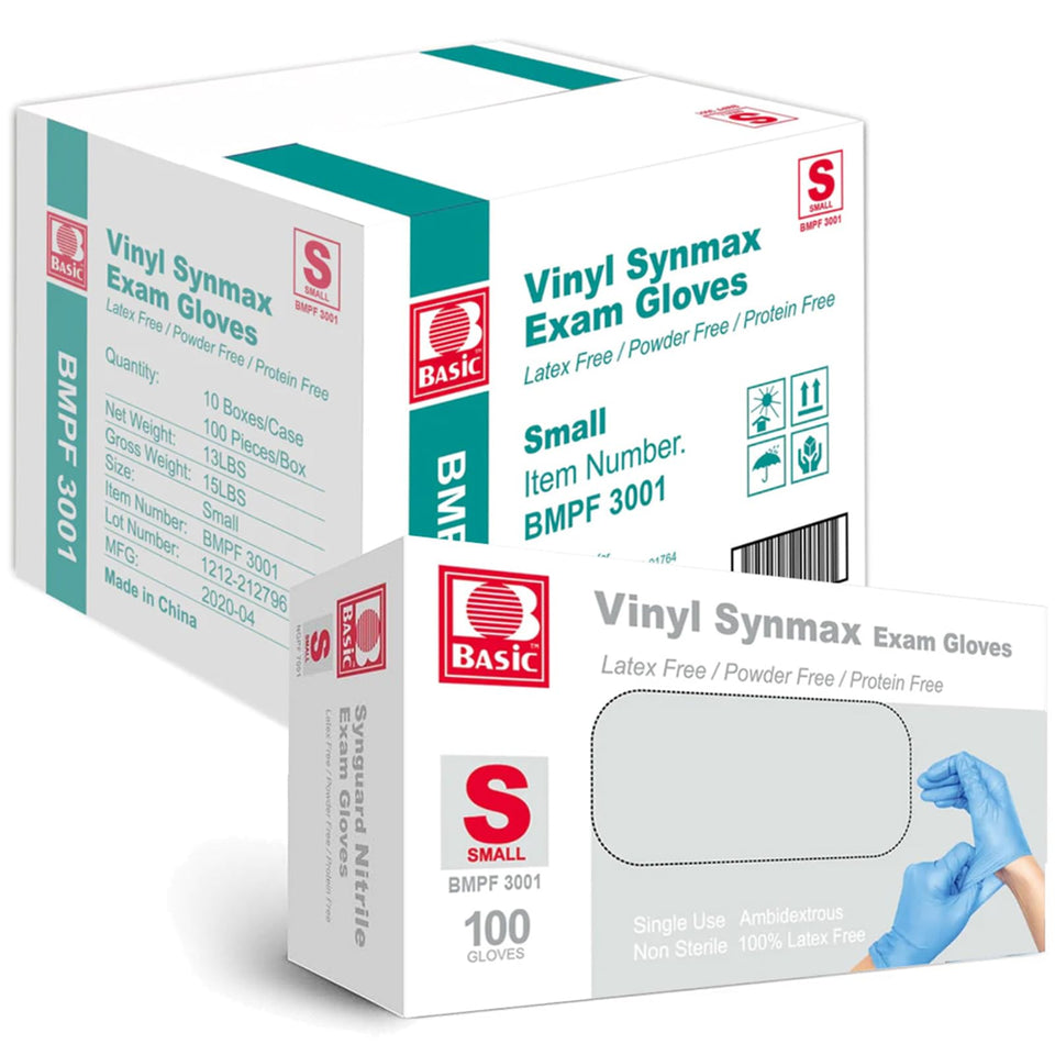 Intco Synmax vinyl exam gloves in blue boxes, ready for everyday medical tasks.