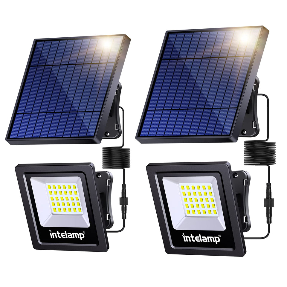 Intelamp 4400mAh solar flood lights pack provides bright outdoor coverage for yards and porches.
