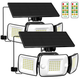 Intelamp solar flood light front view showing three heads for wide coverage