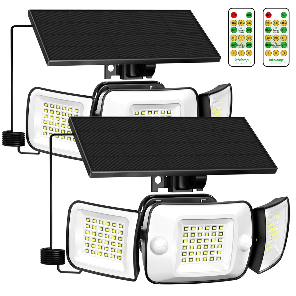 Intelamp solar flood light front view showing three heads for wide coverage