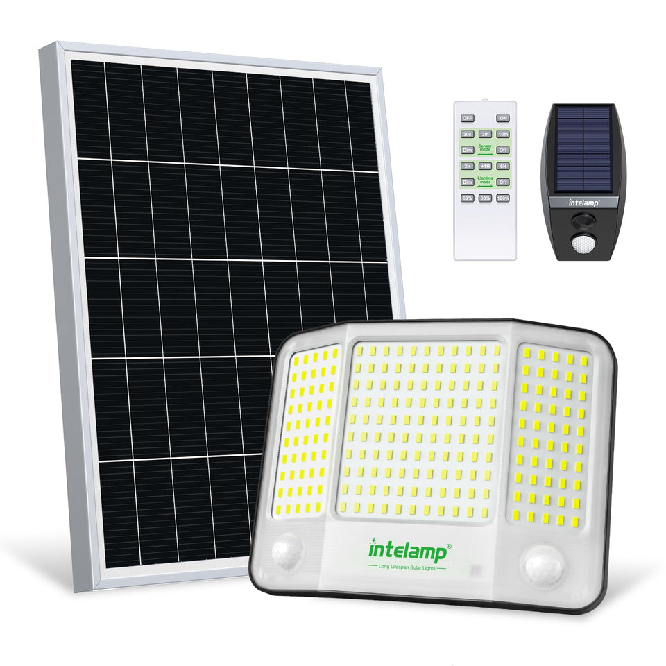 Intelamp solar flood light outdoor waterproof with panel-and-light-setup for wide coverage.