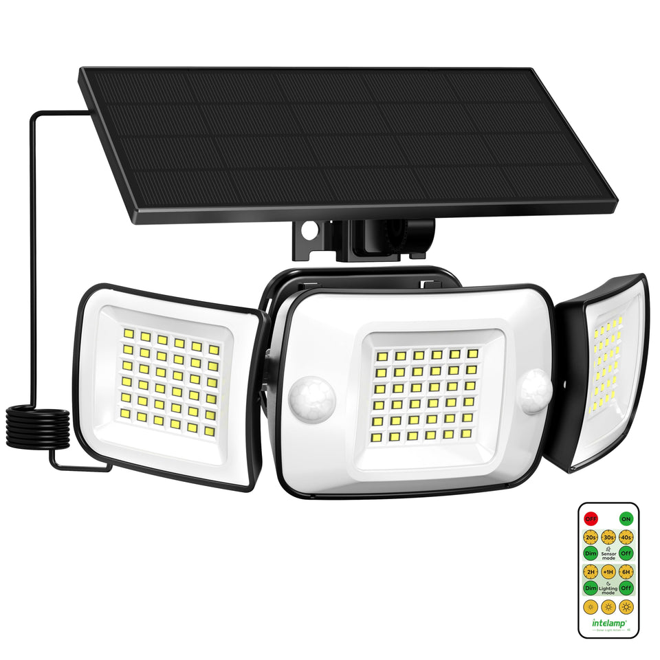Intelamp Solar Flood Light panel in sunlight ready for reliable outdoor charging.