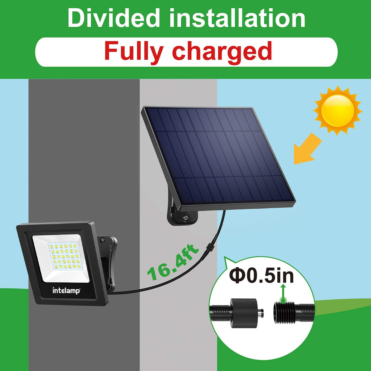 Intelamp flood lights cover up to forty feet in all directions